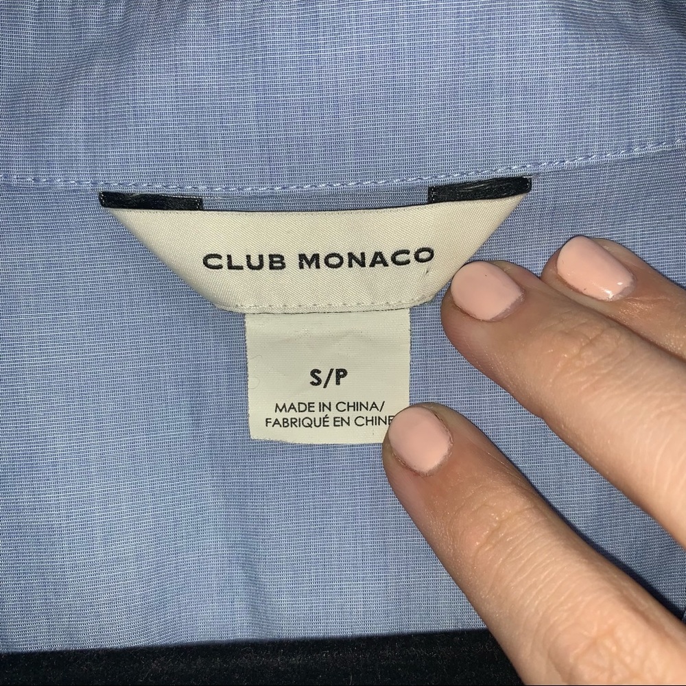 Club Monaco Blue 100% Cotton Nechar Asymmetrical Button Up With Ruffled Hem - Picture 6 of 8